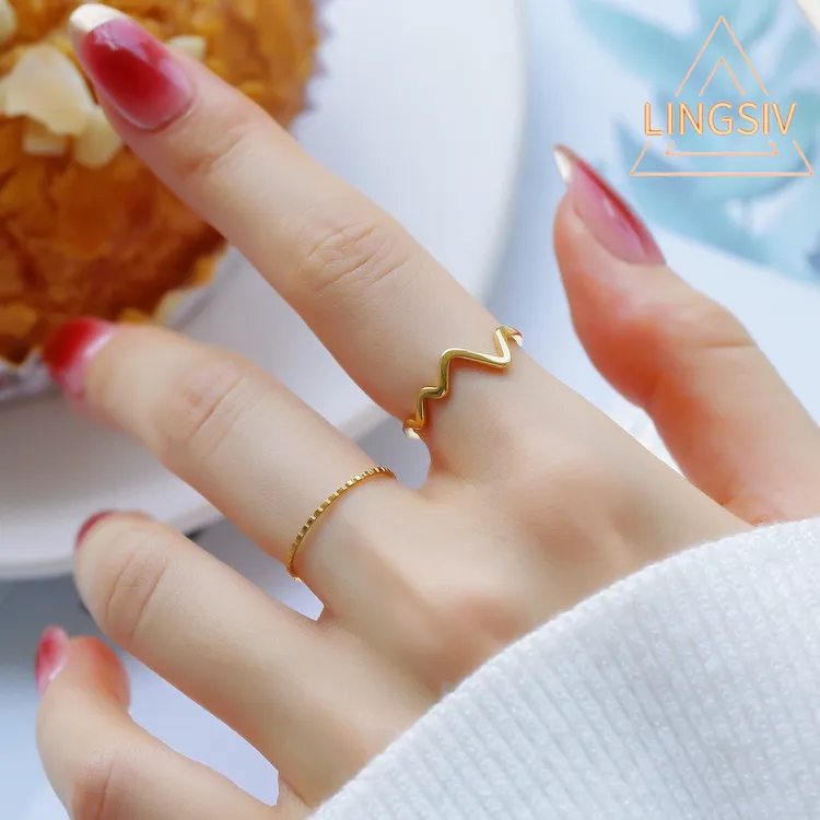 LINGSIV 钛钢戒指 百搭气质曲线心电图戒指女时尚小众简约个性ins