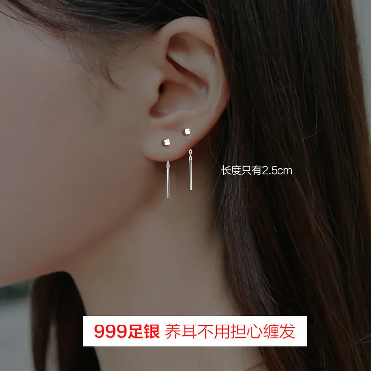 足银耳饰 S999足银耳线迷你方块简约甜美百搭小巧短款圆珠养耳洞