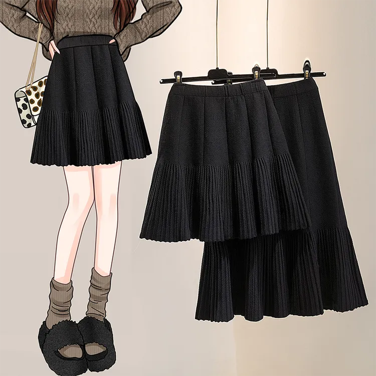 大码遮胯显瘦高腰A字半身裙女秋冬季松紧腰休闲百褶针织七分裙子