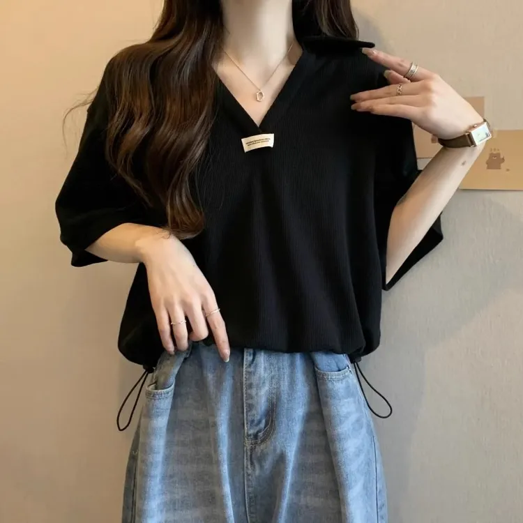 设计感正肩polo领短袖t恤女夏季大码显瘦上衣别致短款抽绳打底衫