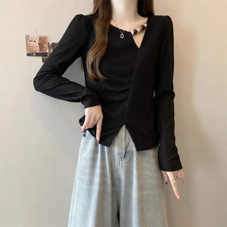 微胖大码女装正肩V领打底衫女春秋遮肚子显瘦上衣洋气开叉长袖t恤