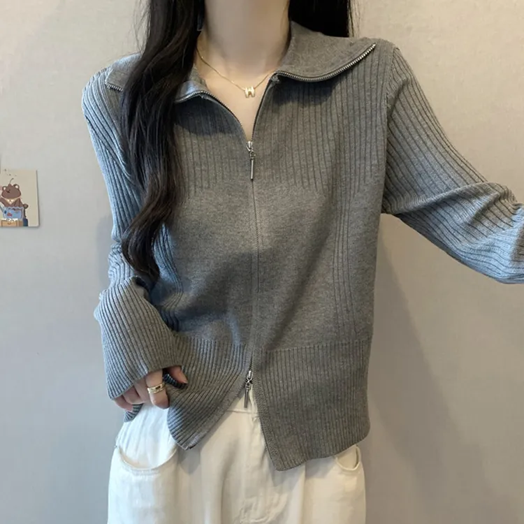 设计感简约针织外套女春秋装大码显瘦上衣百搭别致双拉链开衫毛衣