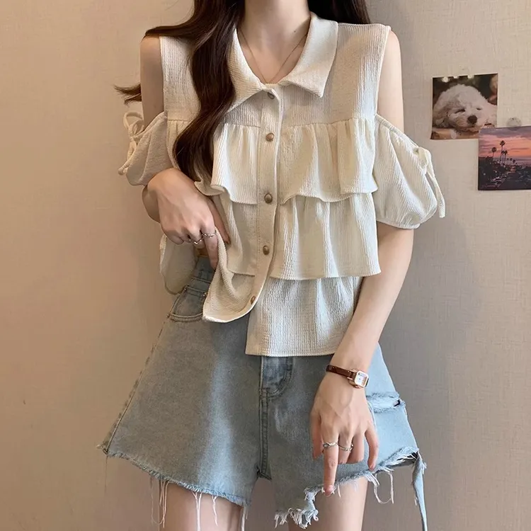 设计系带露肩短袖衬衫女夏季韩版大码显瘦上衣短款洋气荷叶边衬衣