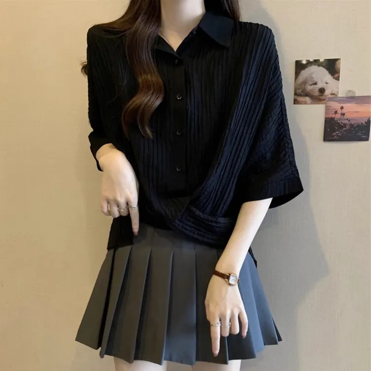 设计感POLO领洋气短袖衬衣女夏季韩版大码显瘦上衣别致不规则衬衫