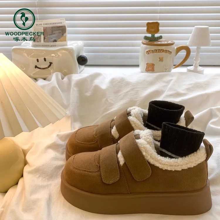 啄木鸟厚底雪地靴女2024冬新款魔术贴加绒加厚保暖棉鞋毛毛勃肯鞋