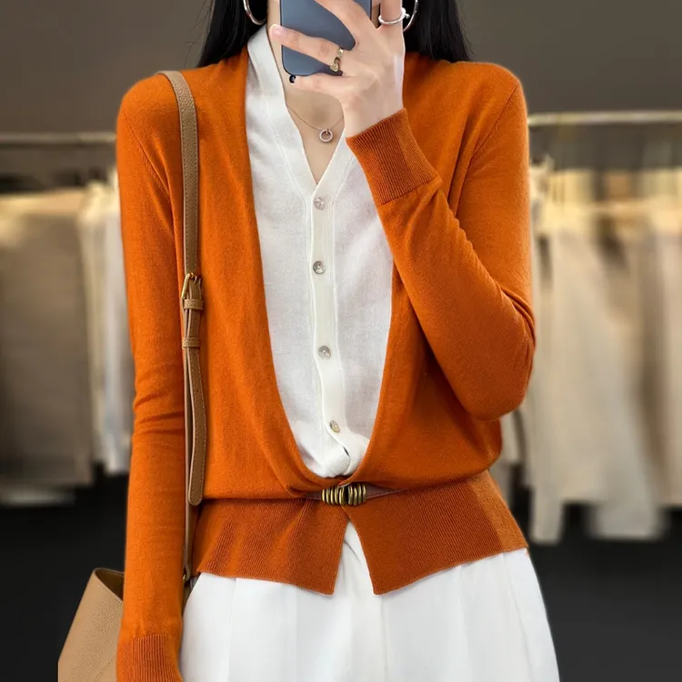 假两件开衫女精纺羊毛外套针织上衣v领百搭气质显瘦秋冬长袖外套