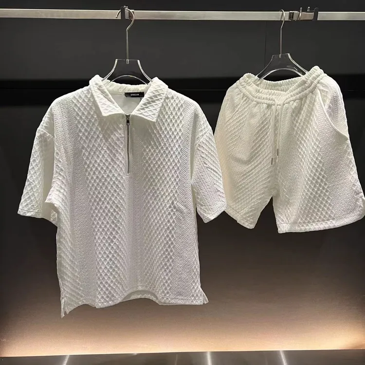 okkdey夏季薄款华夫格休闲运动套装男士短裤新款潮流宽松polo衫袖