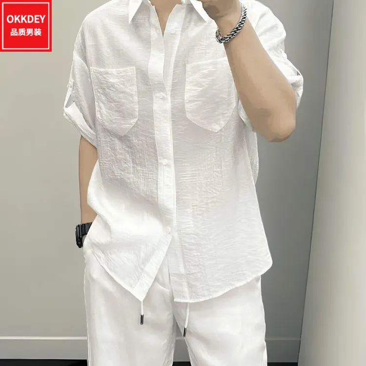 okkdey夏季新款男士薄款中国风时尚舒适短袖衬衫宽松复古百搭衬衣