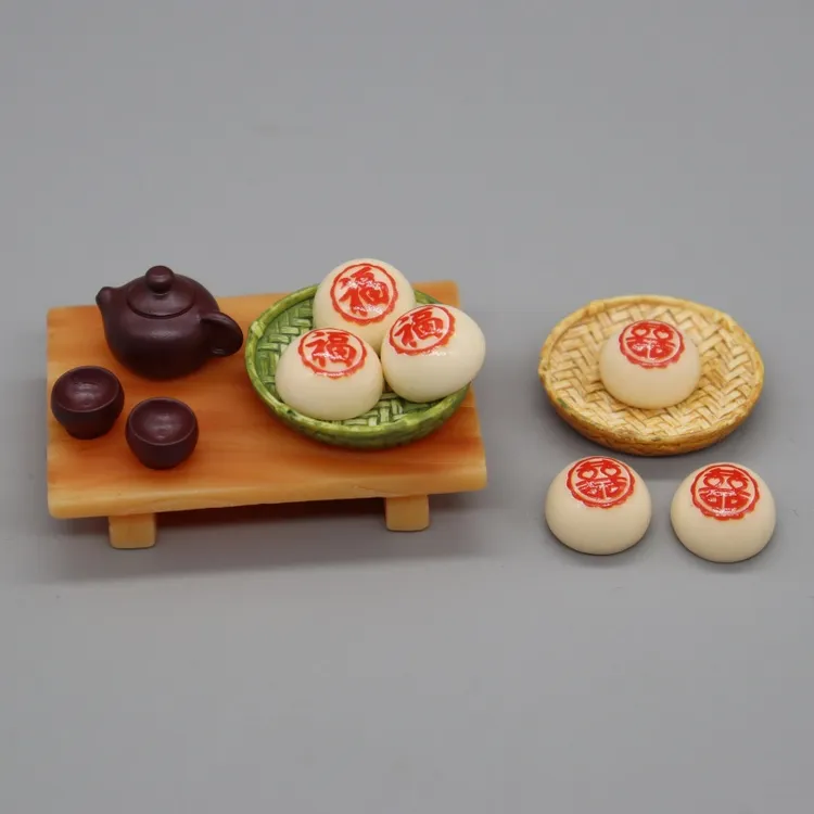  仿真迷你茶壶茶具微缩喜福馒头面包食玩糕点模型仿竹篮盘小摆件