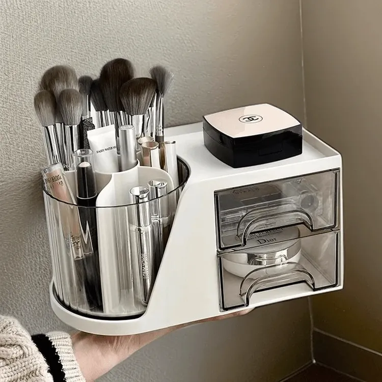 桌面旋转化妆刷女士学生收纳盒化妆品收纳筒抽屉式分格梳妆台笔筒