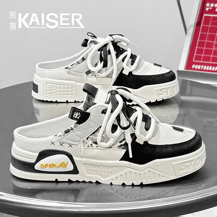 凯撒官方正版男鞋夏季新款透气百搭一脚蹬包头拖鞋男士休闲帆布鞋