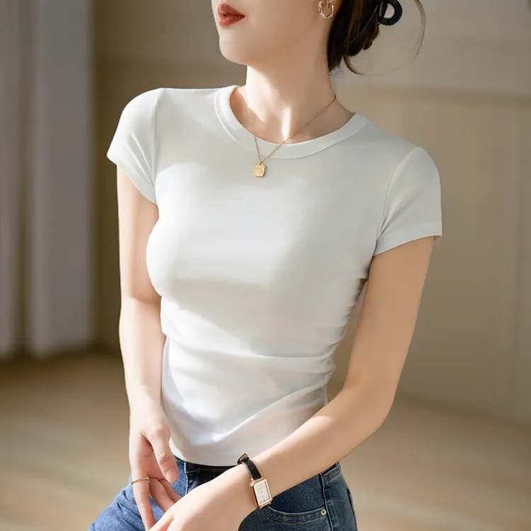 纯棉抽褶束腰白色T恤女夏短袖2024新款收腰百搭时尚显瘦修身纯色