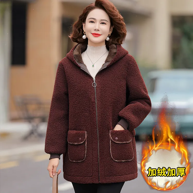 妈妈冬装加绒加厚羊羔绒棉衣中老年女装连帽颗粒绒防寒保暖外套