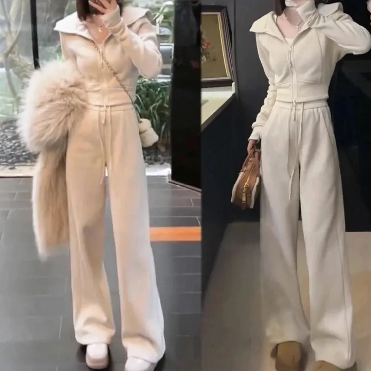 加绒两件套韩系时尚休闲套装2024秋冬新款修身连帽卫衣外套阔腿裤