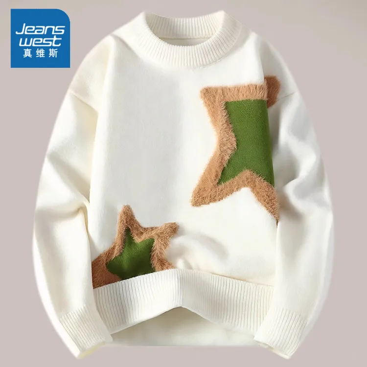 真维斯秋冬季2025新款男士宽松针织衫加绒加厚韩版圆领学生毛衣