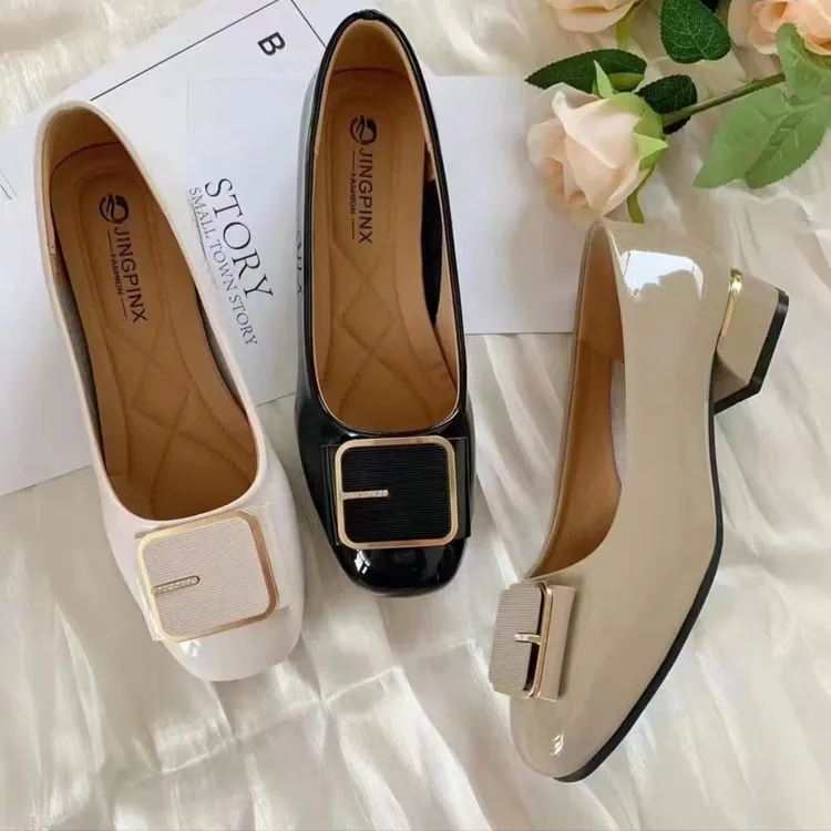 平底鞋时尚休闲百搭粗跟气质舒适女鞋纯色方头单鞋女士浅口