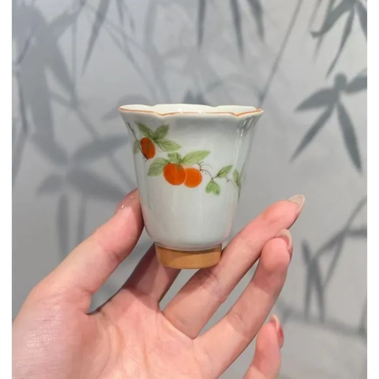 惊蛰 仿古青手绘茶杯 柿柿如意闻香杯 中式品茗杯主人杯功夫茶具