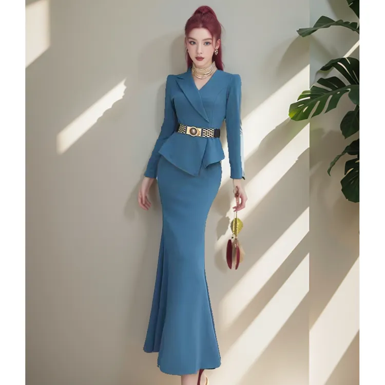 气质荷叶边鱼尾裙2024年秋冬名媛西装领连衣裙长袖修身包臀长裙子