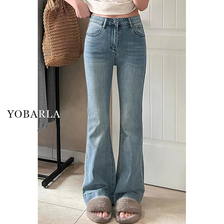 复古微喇牛仔裤女秋冬大码高腰遮肚显瘦弹力梨形身材喇叭裤子