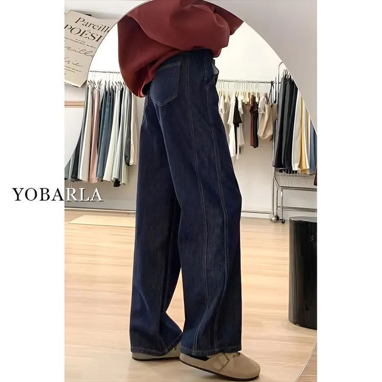 深蓝色阔腿牛仔裤女冬季加绒高腰大码宽松直筒垂感拖地裤子