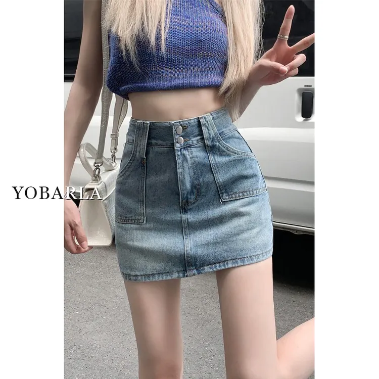 YOBARLA复古蓝高腰牛仔短裙女夏季新款大码宽松显瘦遮肚a字半身裙