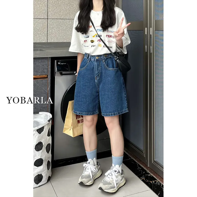 YOBARLA蓝色直筒牛仔短裤女高腰夏季新款宽松显瘦阔腿五分短裤