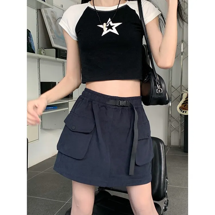 藏青工装短裙女秋冬新款高腰大码胖mm遮肚显瘦设计感a字包臀半裙