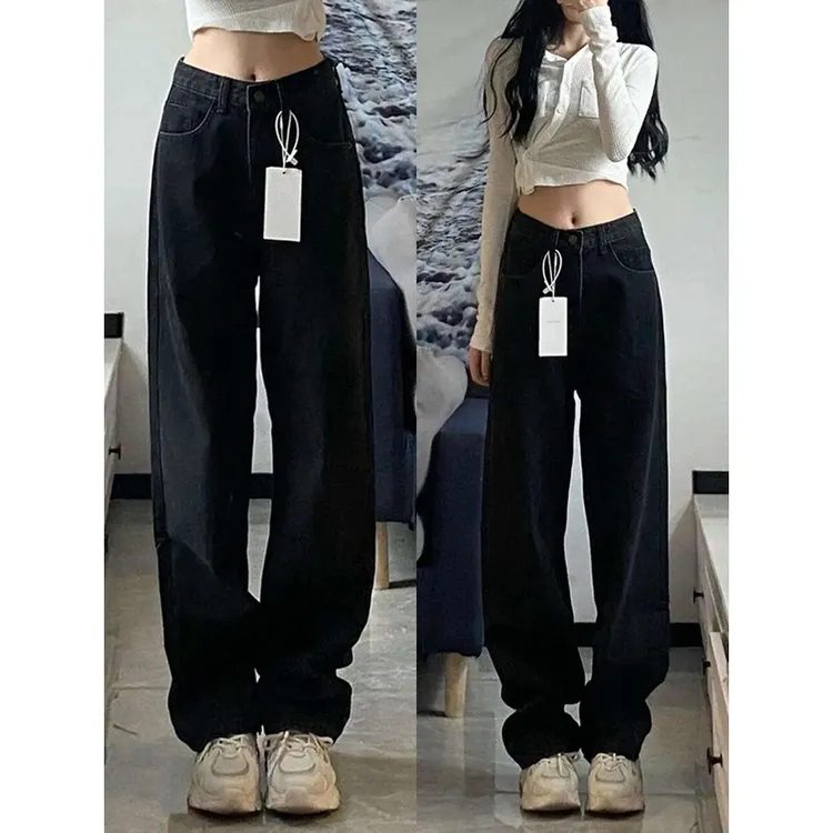 黑色牛仔裤女冬季加绒高腰设计大码宽松梨形身材通勤阔腿裤子