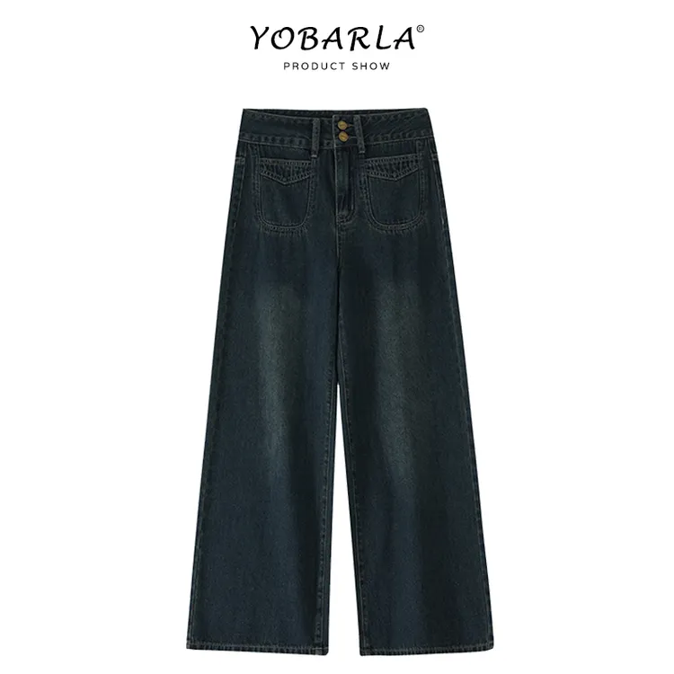 复古蓝直筒牛仔裤女冬季加绒大码潮流梨形身材高腰阔腿裤
