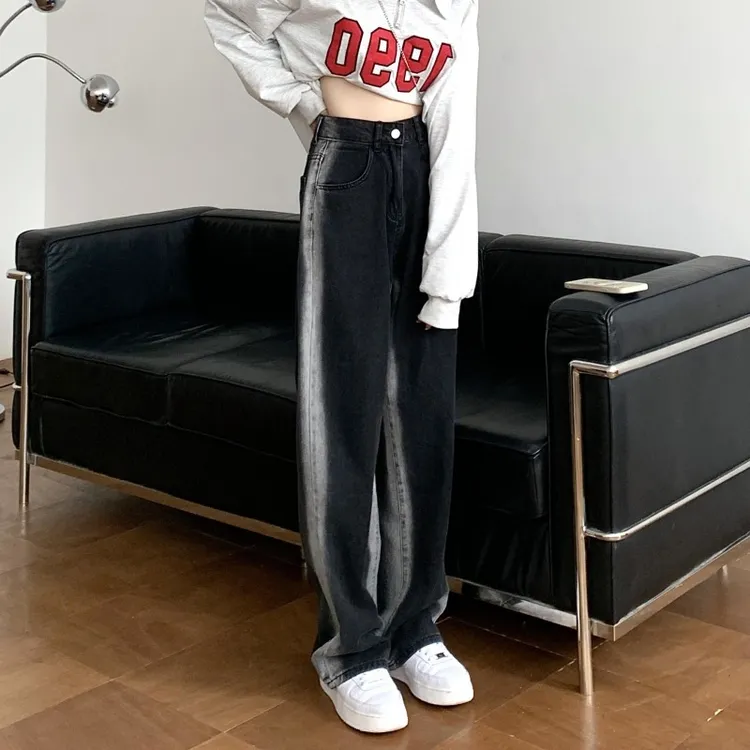 黑色渐变直筒牛仔裤女高腰新款大码胖mm宽松显瘦窄版阔腿裤子