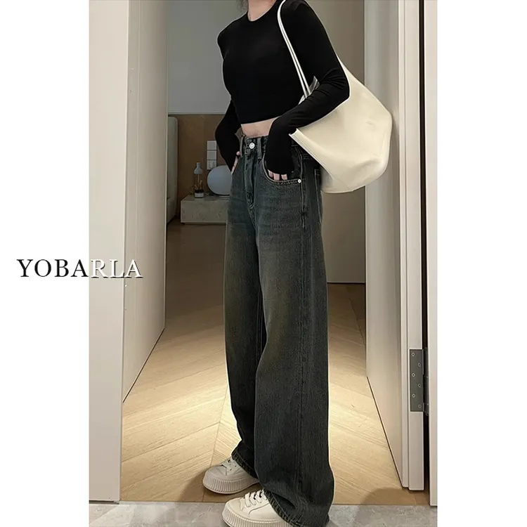 水泥灰直筒牛仔裤女冬季加绒梨形身材宽松大码阔腿裤