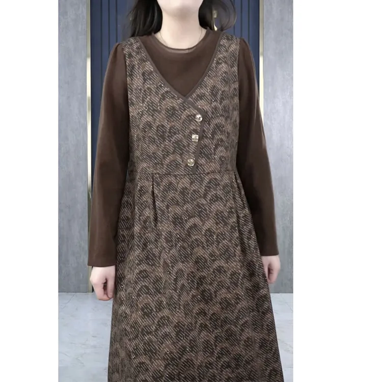 大码女装冬季长袖洋气时尚显瘦遮肚气质假两件宽松遮肚裙231002