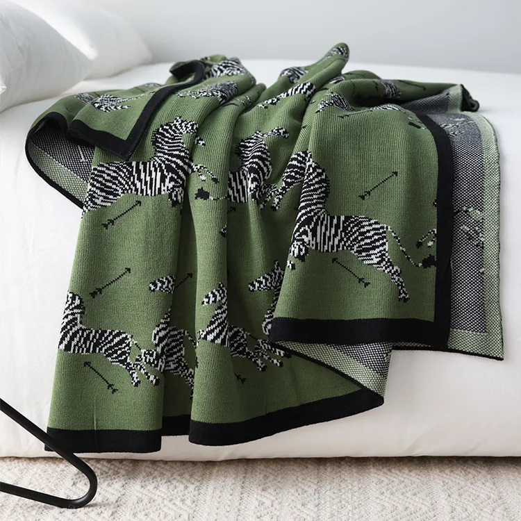 中古绿色斑马花纹休闲沙发装饰毯盖毯毛线空调毯复古风格沙发盖毯