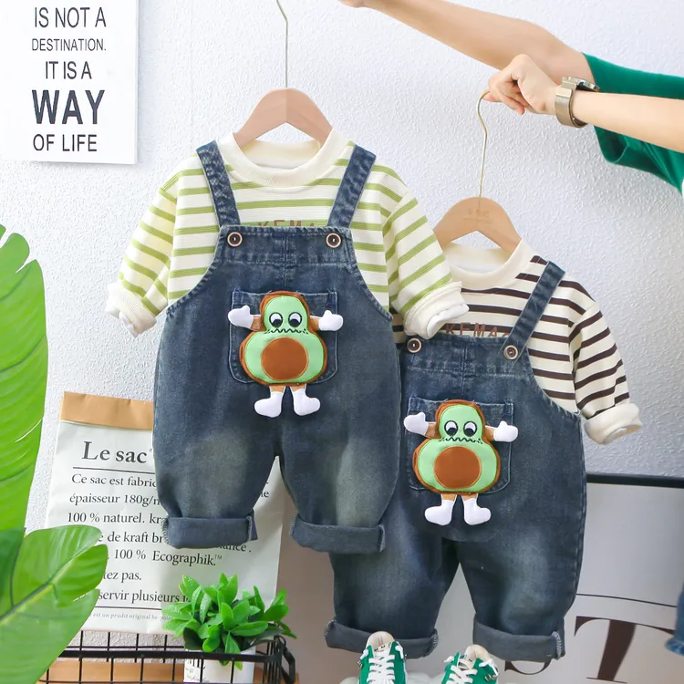 男宝宝牛仔背带裤套装秋装洋气婴儿童装男童春秋季长袖卫衣两件套