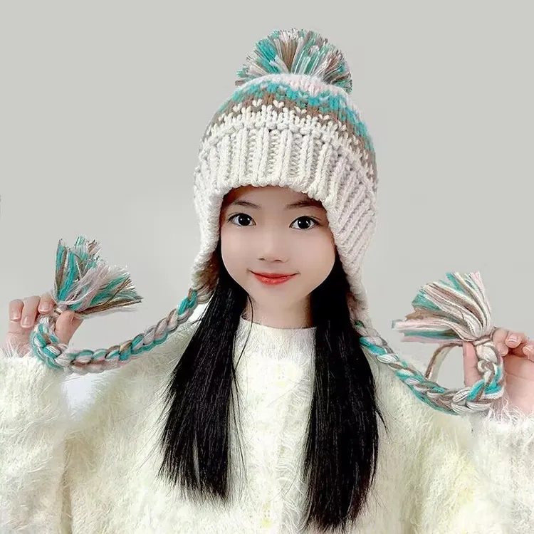 2024新款儿童帽子女孩秋冬季护耳帽女童毛线帽针织拼色保暖冬帽潮