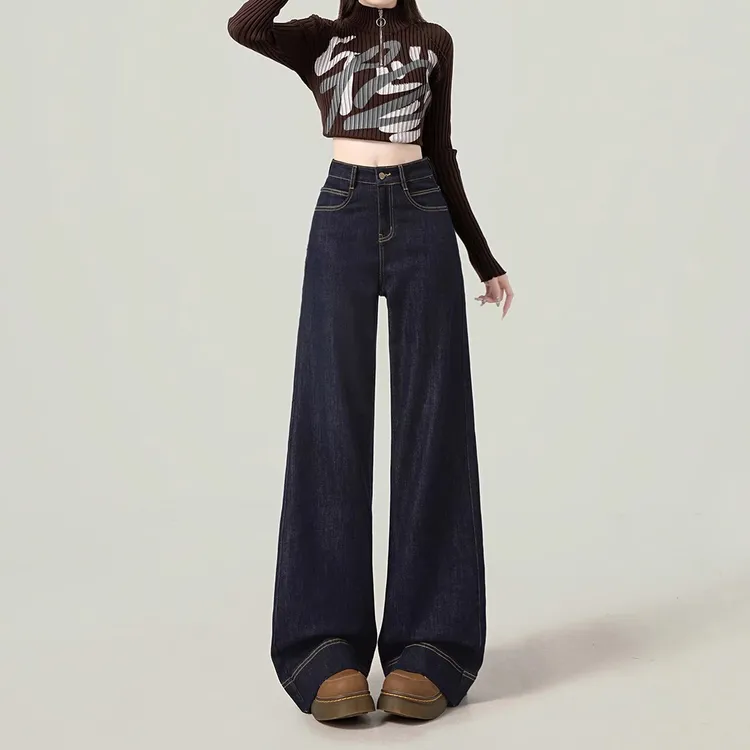 防褪色丹宁蓝美式宽松牛仔阔腿裤女新款弹力微喇慵懒拖地显瘦裤子