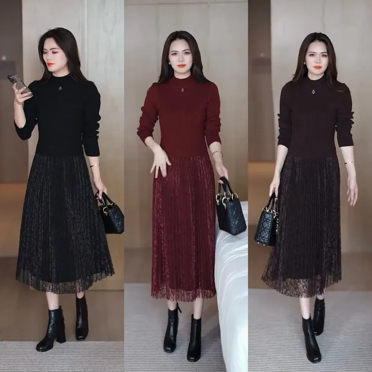 时尚针织蕾丝裙女2025秋冬新款洋气显瘦中长款配大衣打底毛衣裙子