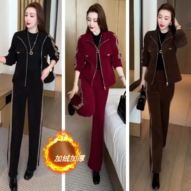 2025秋冬新款加绒加厚两件套休闲套装女时尚洋气气质显瘦两件套