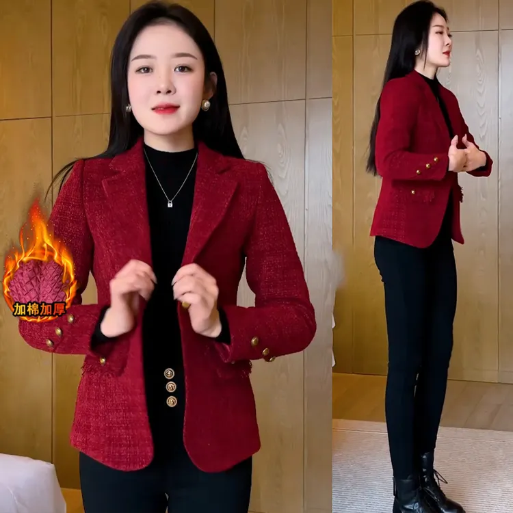 2024年新款秋冬加厚气质红色小香风外套女时尚百搭西服高级小个子