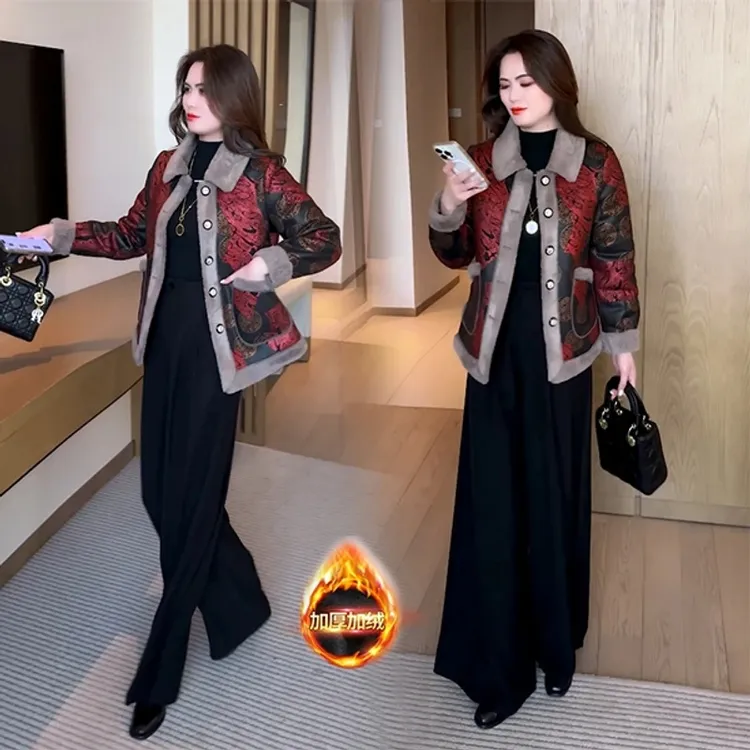 秋冬新款时尚新中式印花洋气百搭加绒加厚气质保暖外套