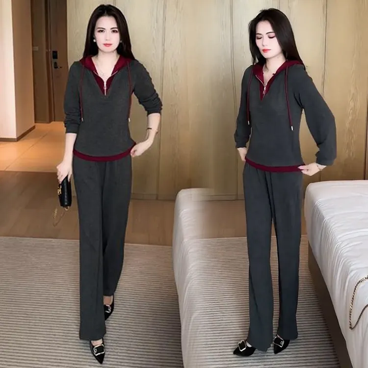 时尚休闲套装女2025春秋新款洋气显瘦连帽卫衣阔腿裤运动两件套潮