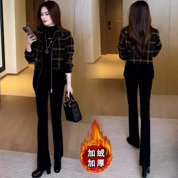 2025新款时尚加绒加厚休闲格子短外套女洋气百搭减龄夹克上衣