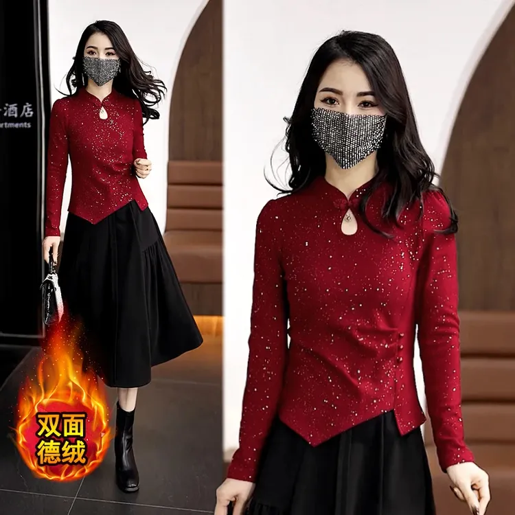 新中式盘扣双面德绒打底衫女2025春秋显瘦遮肉不规则短款内搭上衣