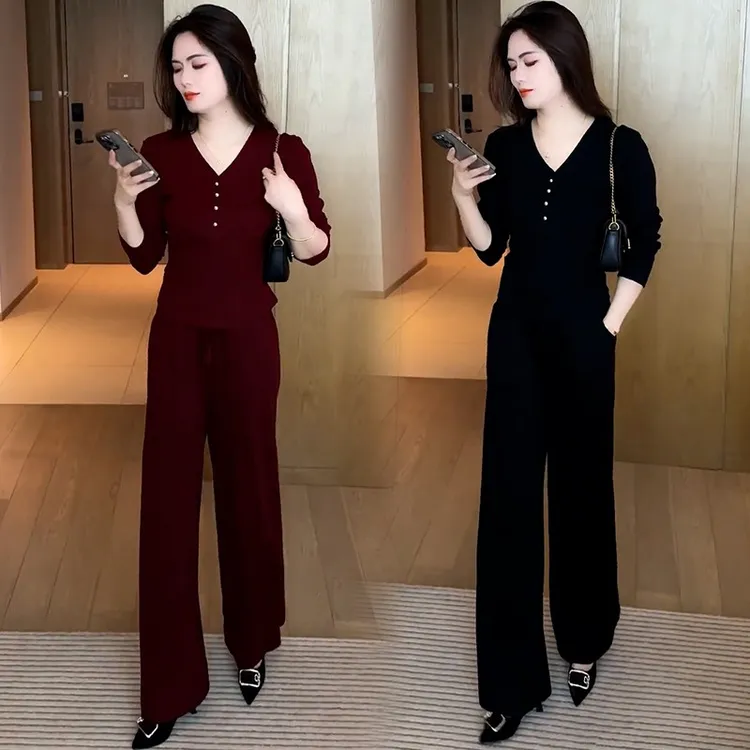 时尚气质套装女2025年春秋新款设计感不规则长袖t恤阔腿裤两件套