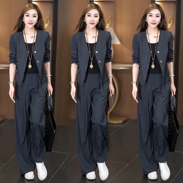 2025新款女V领小外套 阔腿裤两件套显瘦气质套装时尚休闲宽松