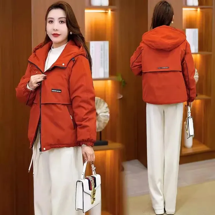 时尚冲锋衣夹棉外套女2024冬季新款连帽拼接隐形拉链宽松外套