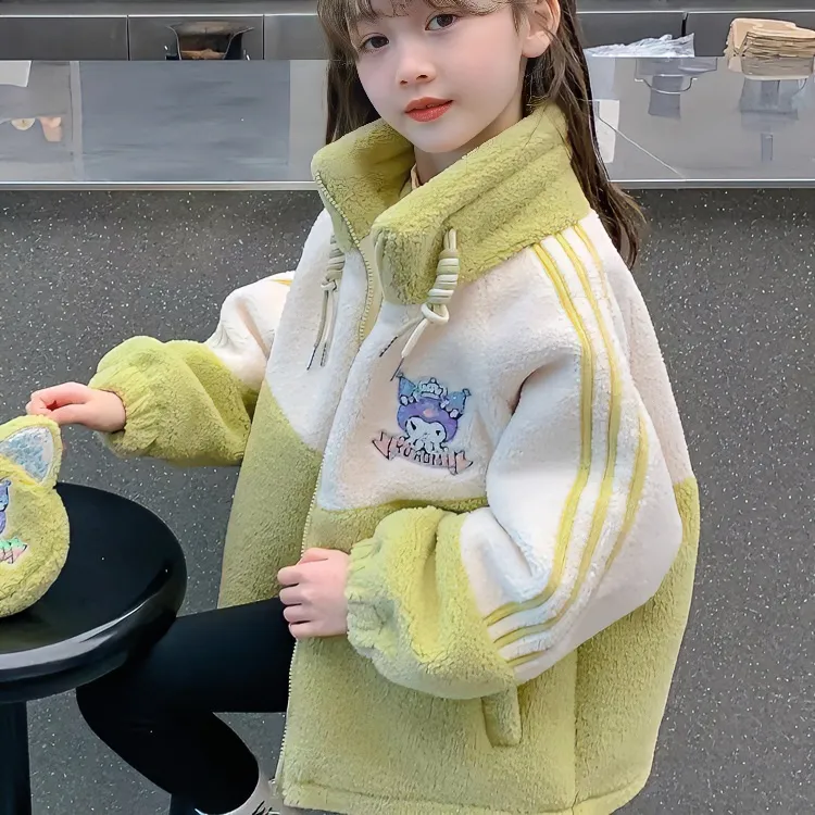 女童秋冬装外套2023新款拼色女孩冬季羊羔加绒加棉加厚韩版毛毛衣