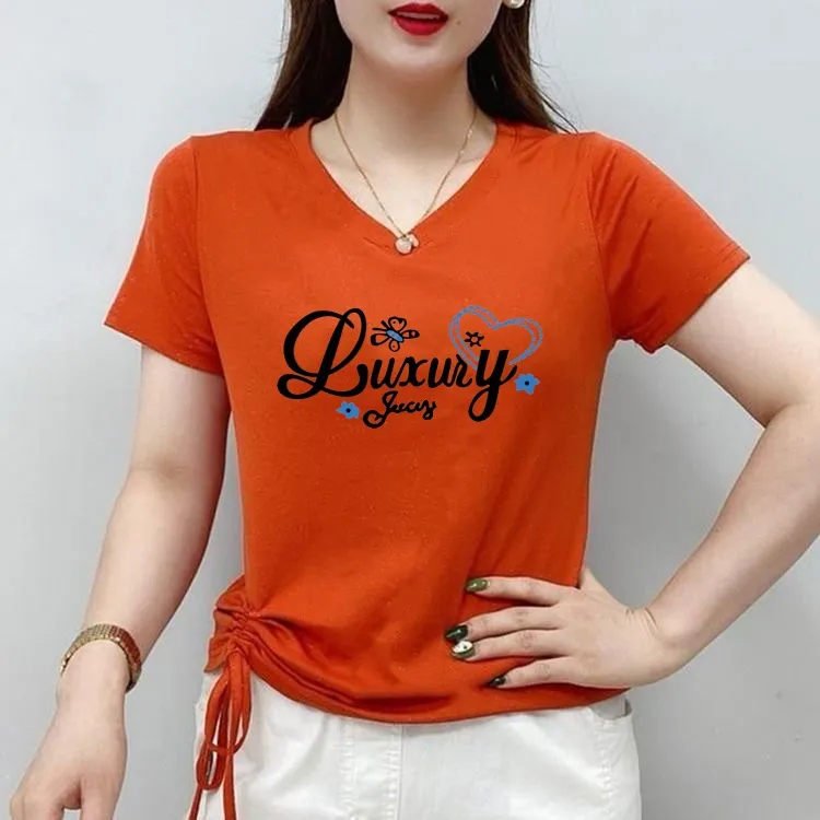 V领时髦短袖t恤女装夏季新款弹力小衫妈妈遮肉显瘦体恤正女式衣服