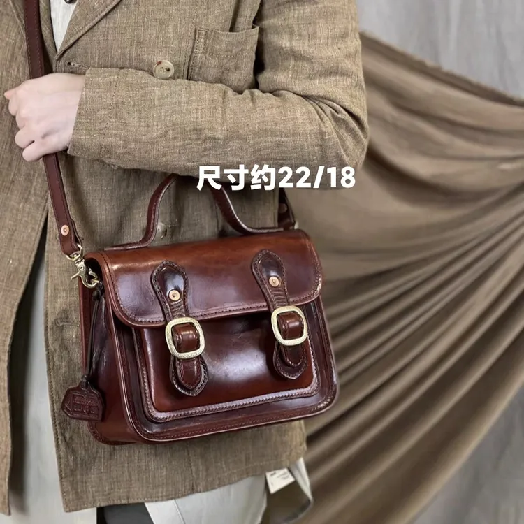 女士复古手工学院风剑桥包手提单肩斜挎包牛皮时尚百搭