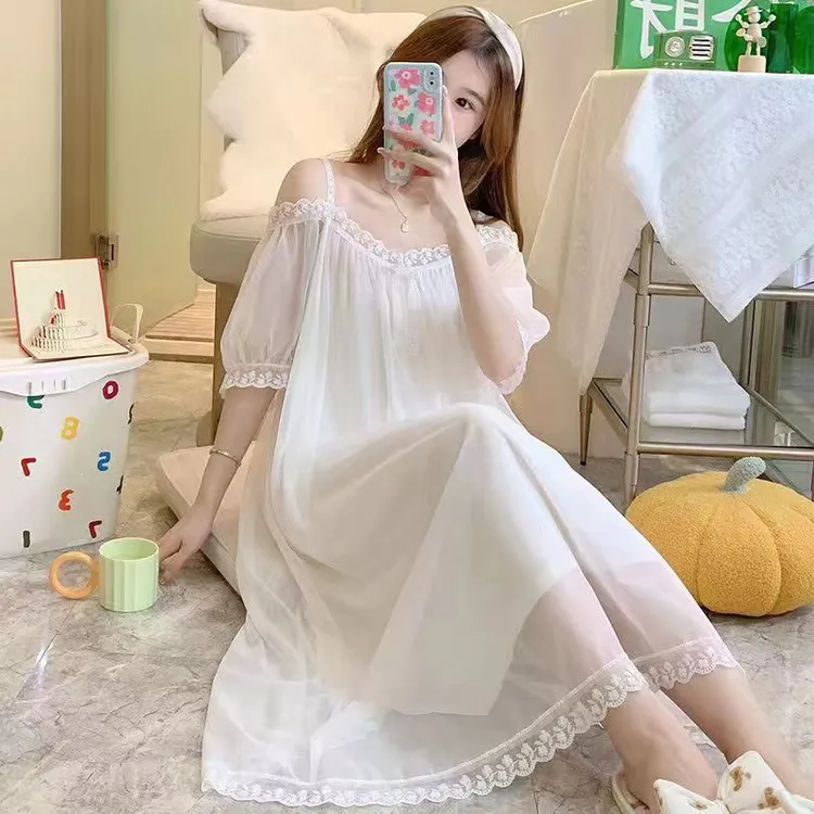 风吊带睡裙女夏甜美莫代尔露肩短袖睡衣家居服大码夏季宽松韩版